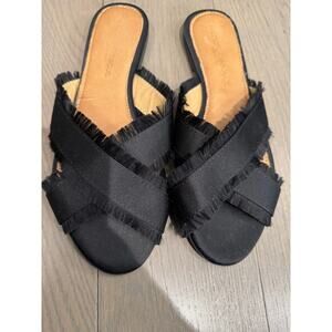 Andre Assous Sandals Size 7.5 Black Satin Flat Slip On Crisscross Frayed Sandals